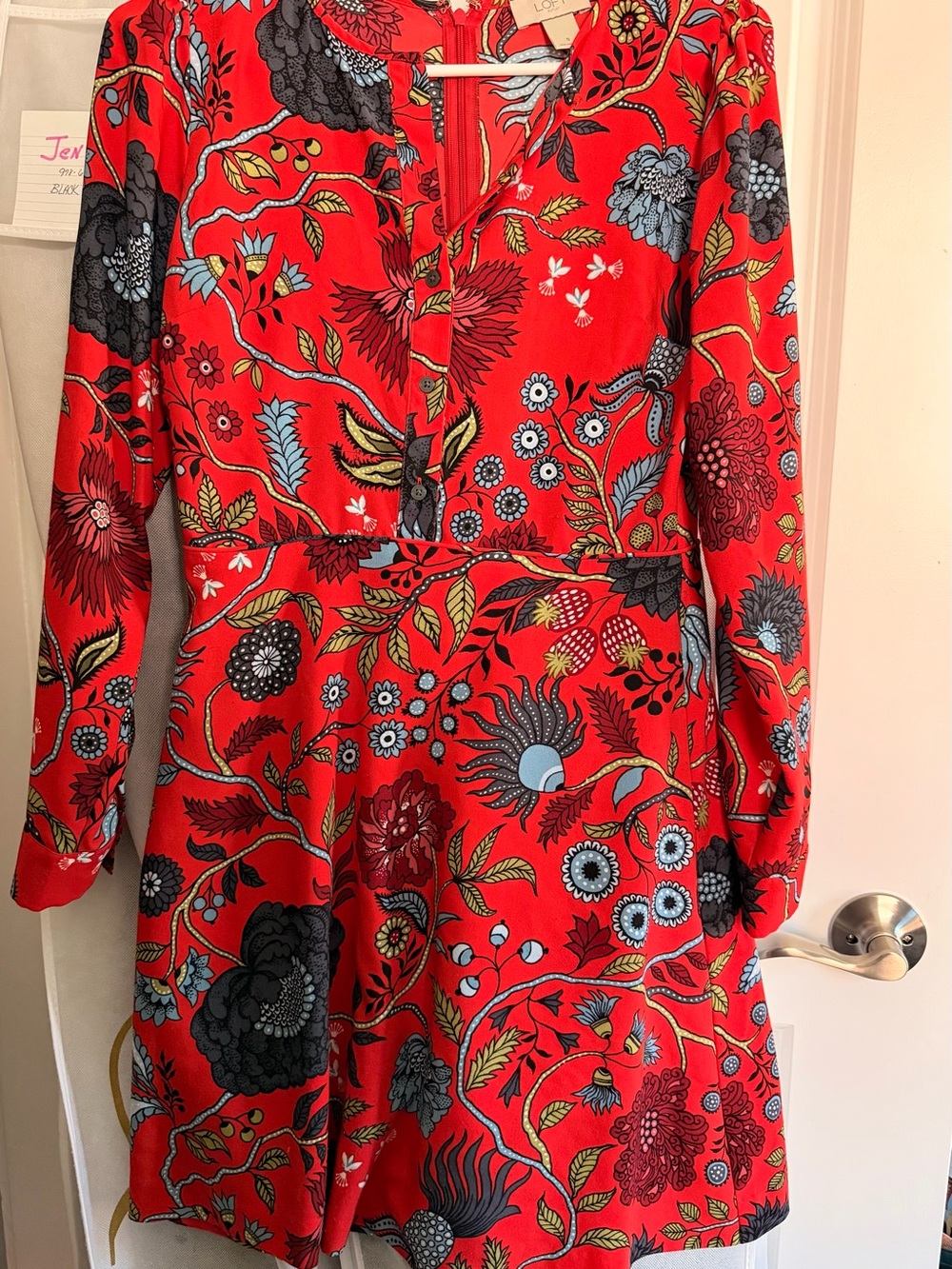 LOFT Red Floral Long-Sleeve Fit-and-Flare Dress